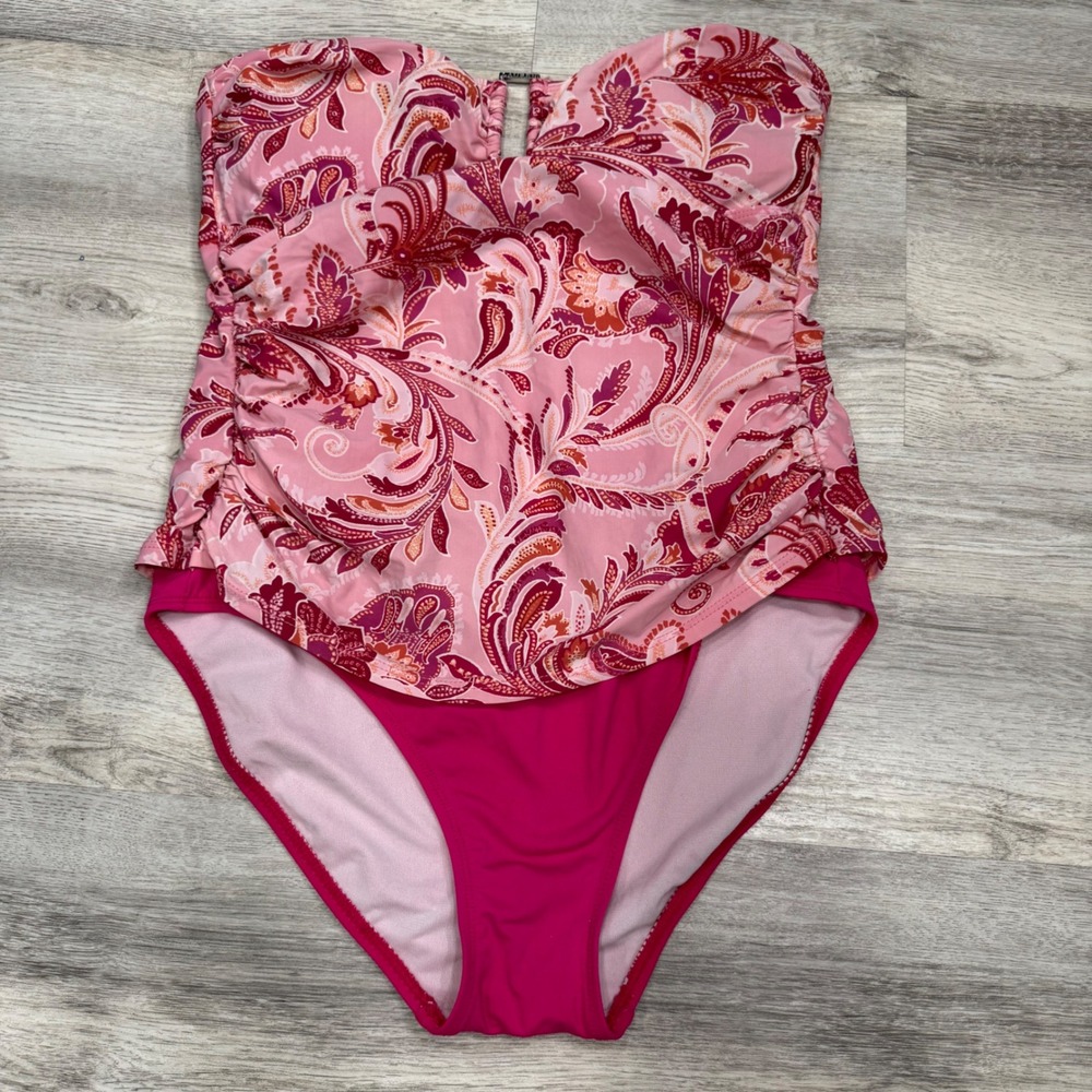 Lauren Ralph Lauren Pink‎ Paisley Bandeau Flyaway One Piece Swimsuit Womens 12